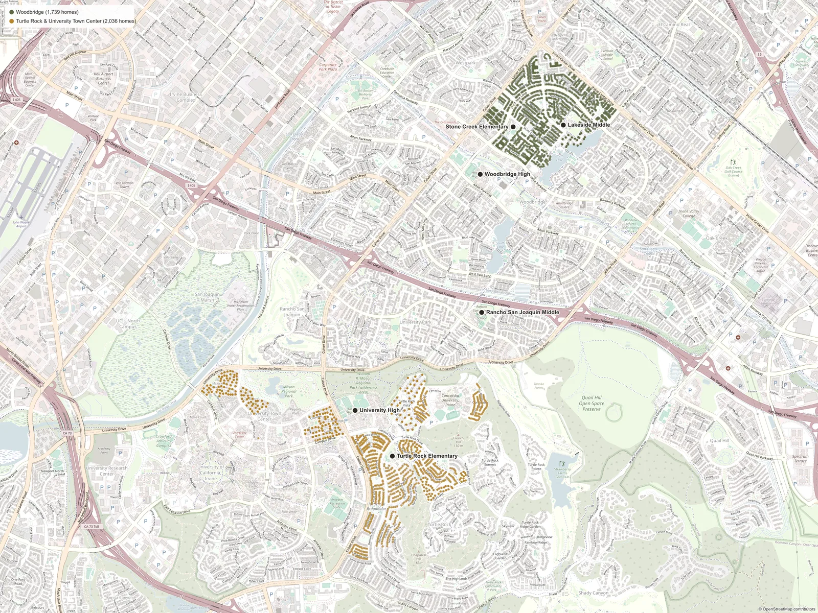 Map of Irvine: qualifying homes drawn as olive dots in northwest Woodbridge and gold dots across Turtle Rock and University Town Center, with the six schools marked